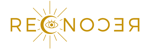 Logo reconocer écrit en pantone doré, l'oeil symbolise la conscience et la lune et le soleil les cycles de vie